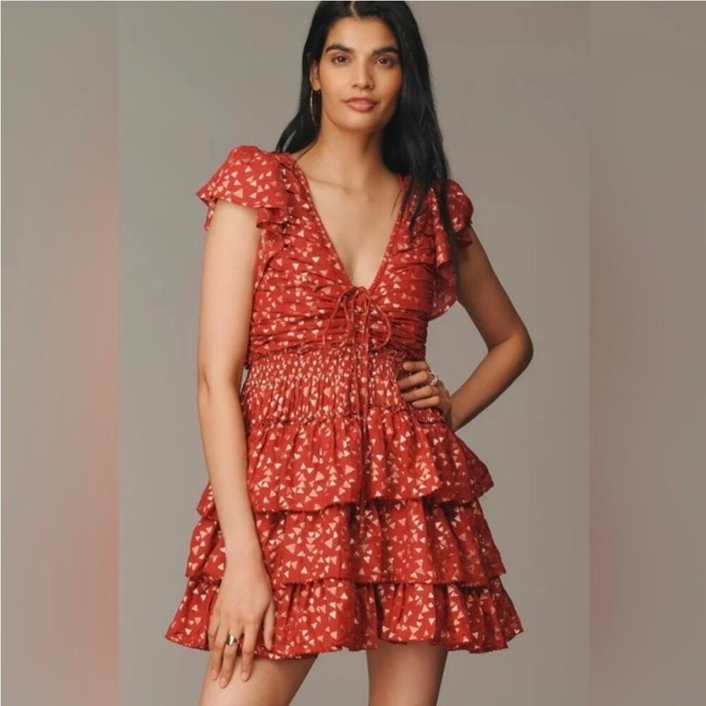 NWT Anthropologie Short-Sleeve Ruffled Mini Dress. Size M. Ret. $178